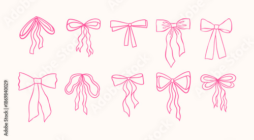 Bows set line drawing. Whimsical bow collection, hand drawn illustrations, vintage outline pink bows