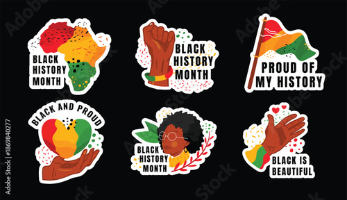 Black history month collection of stickers with african and empowering symbols