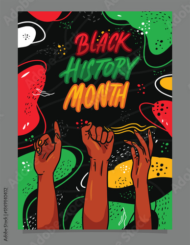 Celebrating black history month with raised fists and vibrant abstract design