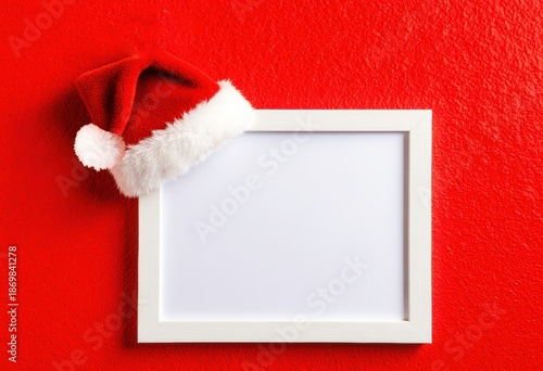 Santa hat on blank white frame against bright red wall