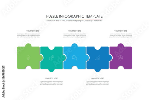 puzzle infographic design with 5 step, graph to describe the steps