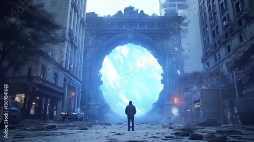 Person standing before portal in a city street at daytime