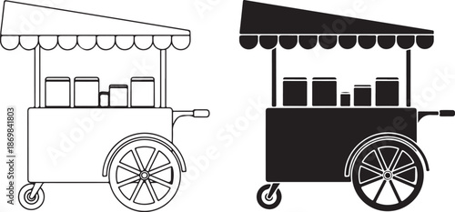 Black and white of two food carts with awnings and jars line silhouette vendor cart