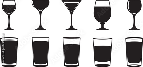 Black and white of wine and beer glasses wine glasses cocktail glass