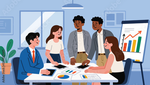 Diverse Business Team Collaborating Around Table with Charts in Office Meeting