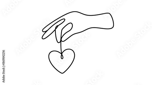 A continuous line drawing of a hand gently holding a delicate heart symbol, representing love and care
