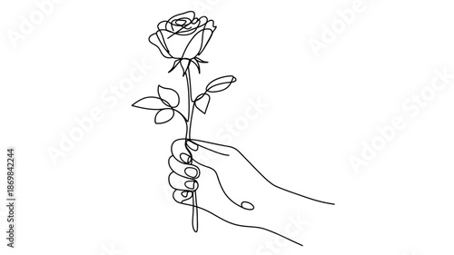 A delicate hand presenting a single blooming rose, captured in elegant line art