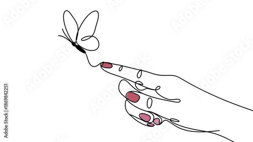 A delicate line art drawing of a hand gently touching a graceful butterfly