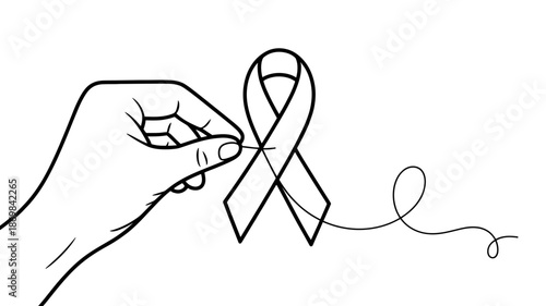 A hand with needle sewing an awareness ribbon: symbolizing support, unity, and healing