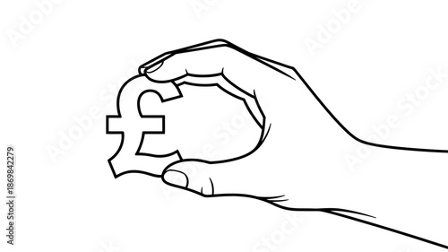 A hand delicately holding the british pound sterling currency symbol in a clear line art illustration