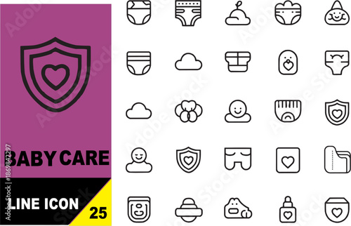 Baby care line editable icon set. Includes infant items, protection, childcare, parenting and newborn symbols. Editable stroke. Vector illustration.