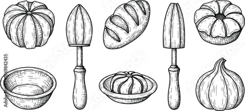 Vintage Baking Tools and Ingredients Engraving Illustration Collection Set