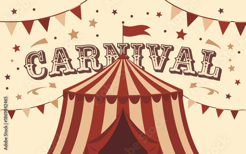 Red and beige circus tent with carnival pennant flags and stars