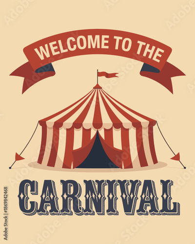Red and beige circus tent with welcome banner and carnival text