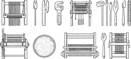 Vintage Loom and Weaving Tools Engraving Illustration Collection Set