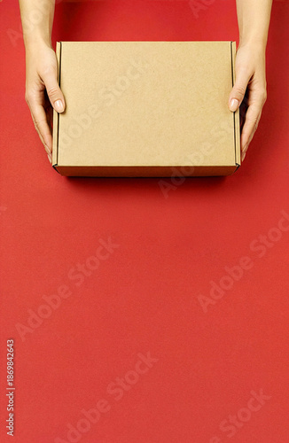 Female hands holding a plain cardboard box on red background with copy space. Concept of delivery, packaging, online shopping, e-commerce, gift, subscription box, logistics and business presentation. 
