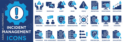 Incident Management icon collection set. Containing incident,response,alert,issue,crisis,reporting,monitoring,resolution,escalation,priority,impact icon