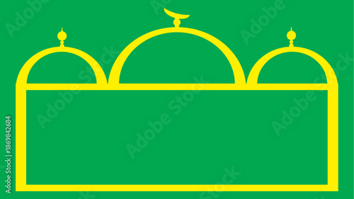 Yellow outline of a mosque with three domes on a green background, representing Islamic architecture.