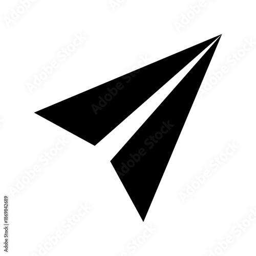 Minimalist black silhouette icon of a paper airplane, symbolizing travel, communication, or sending messages.