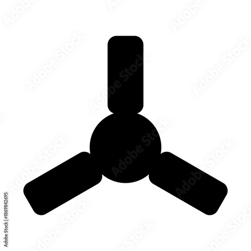 Simple black silhouette icon of a three-bladed ceiling fan, representing cooling, air circulation, and home comfort.