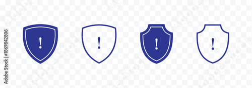 shield security icon set with information info icon. caution shield. Warning shield icon. Four Shield Icons with Exclamation Marks for Warning Alerts. Warning shield icon indicating caution or alert