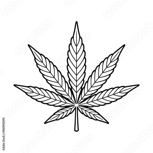 Simple black and white line drawing of a cannabis leaf detailed veins