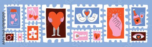 Saint Valentine's Day vector post stamps sticker elements set. Collection of cute groovy funky cartoon illustration with different romantic objects swans, ring, heart, hand, 14 February design concept