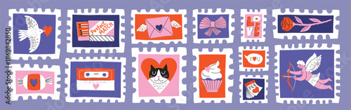 Saint Valentine's Day vector post stamps sticker elements set. Collection of cute groovy funky cartoon illustration with different romantic objects dove, cupid, heart, arrow, 14 February concept