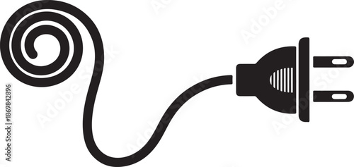 Black cord with a plug on the right and coiled on the left electrical