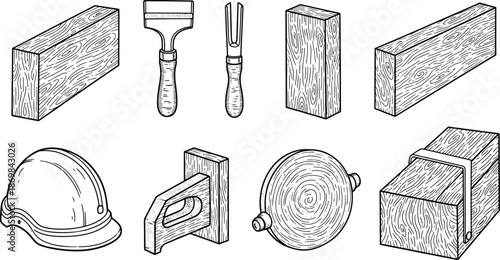 Vintage Woodworking Tools and Lumber Engraving Illustration Collection Set