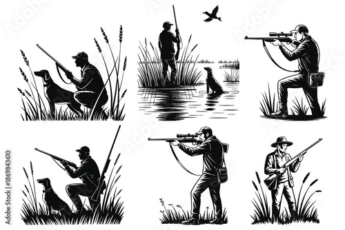 Illustrations of hunters and their dogs in outdoor settings, preparing to hunt game birds and deer.