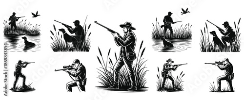 Diverse illustrations of hunters and dogs in natural habitats, engaged in various hunting scenarios.