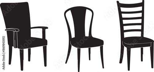 Three black chairs with different on white background furniture armchair