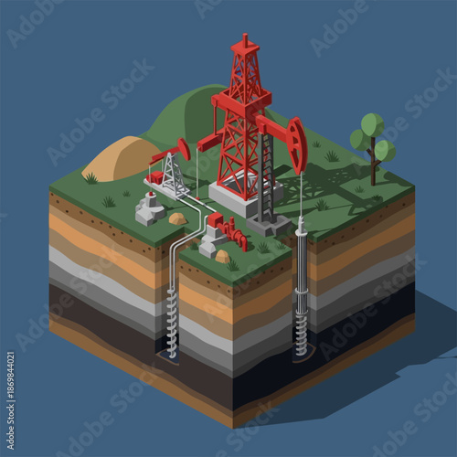 3D Oil Rig Extraction Process Illustration.