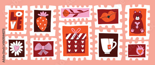 Saint Valentine's Day vector post stamps sticker elements set. Collection of cute groovy funky cartoon illustration with different romantic objects present, bow, match, teddy, 14 February concept