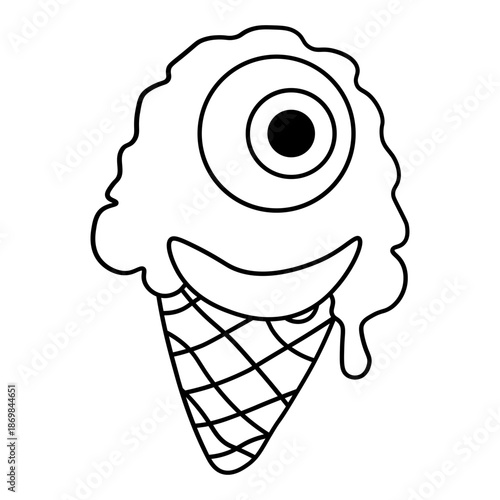 A whimsical black and white illustration of a melting ice cream cone with a single eye and a wide smile, presented in a cartoonish style.