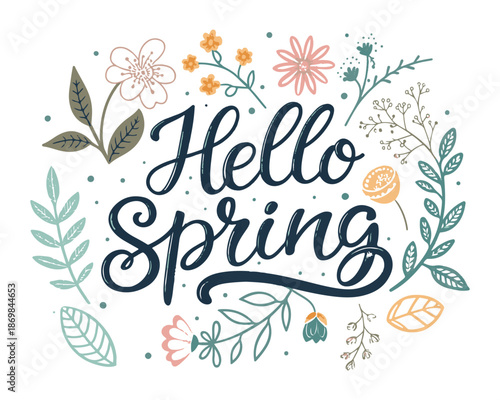 Hello Spring Floral Wreath Typography Vector Illustration on White Background