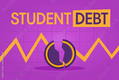 Student debt crisis graphic with broken coin and fluctuating graph. Vector illustration.