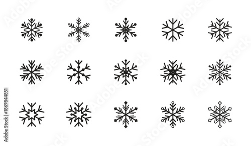 Diverse snowflake icon vector set for winter and holiday themes.