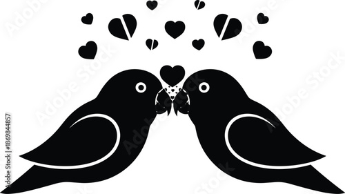 Romantic love birds silhouette with hearts, valentine couple illustration, black and white vector art for affection and relationship themes