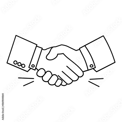A simple black and white line drawing illustration of two hands shaking in agreement, symbolizing partnership and business.