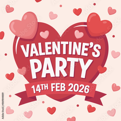 Valentine's Day Party Flyer with Red Hearts and Date Details