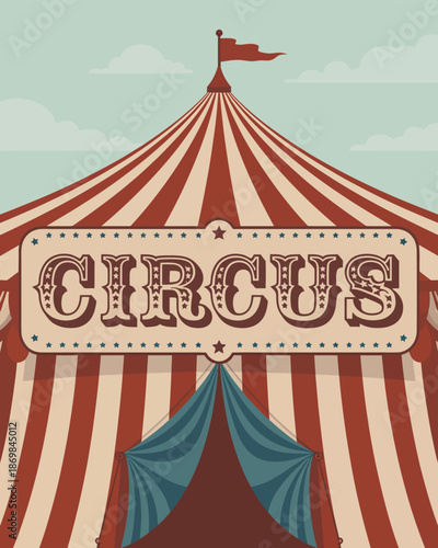Vintage Circus Tent with Red and White Stripes and Blue Curtains