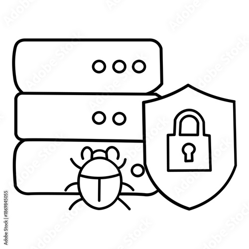 A line art illustration depicting a computer server stack being protected by a shield with a padlock, while a bug symbol indicates a security threat.