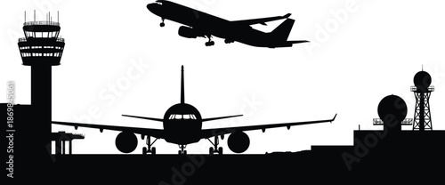 Airport airplane silhouettes with control tower and radar, aviation travel transport concept isolated on white background illustration scene