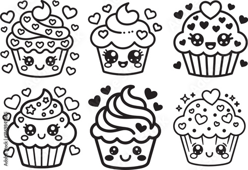 Set of Kawaii Cupcake with Hearts Line Art, Coloring Book Page Vector Illustration