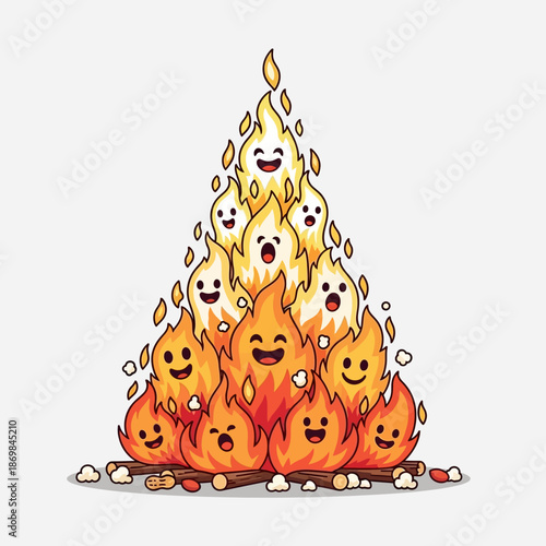 Cartoon Fire with Smiling Faces and Emotions.