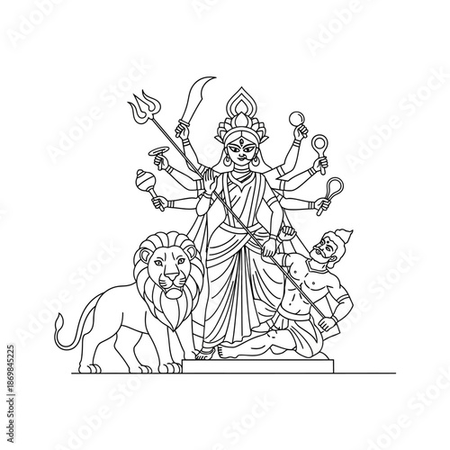 Goddess Duraxi Riding Lion with Multiple Arms.