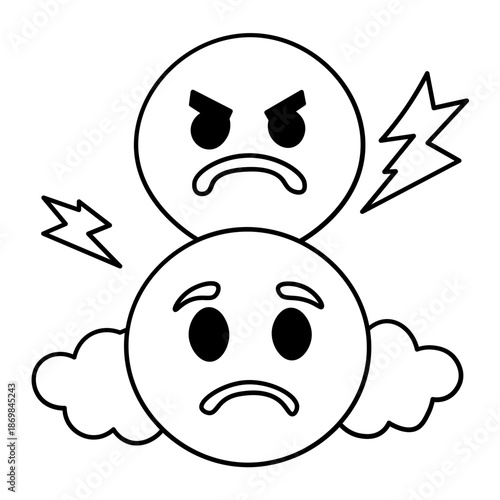 Two cartoon faces, one angry and on top of a sad face, symbolizing emotional conflict and stress.