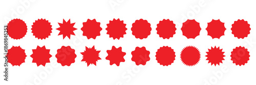 Set of red starburst, sunburst badges, Sale sticker, price tag, starburst icon set , Circle sticker set. Wavy edge promo red badges. Star burst shape tags for price. Red sale tag